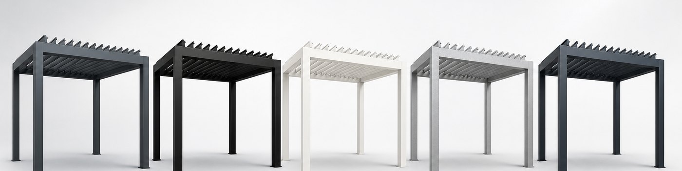 Five aluminium pergola finishes shown side by side